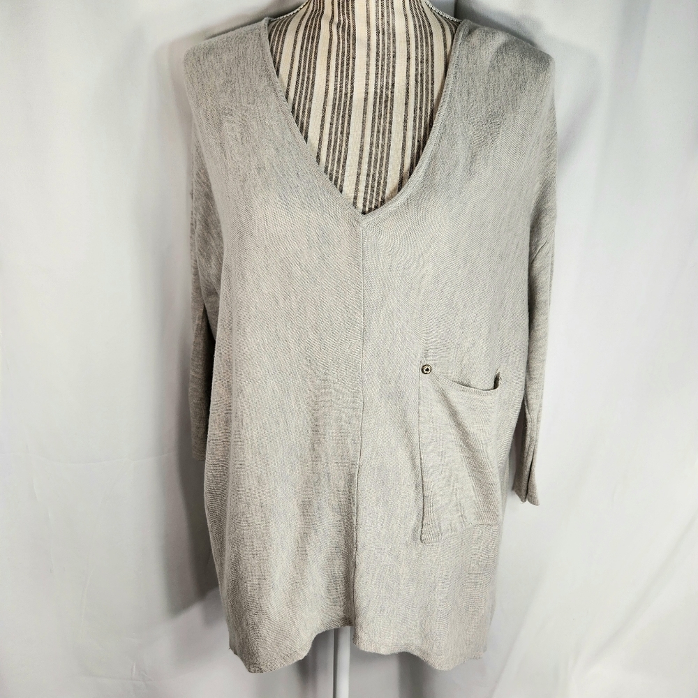 Joan Vass Studio Taupe V Neck 1 Pocket Oversized Sweater Size Small